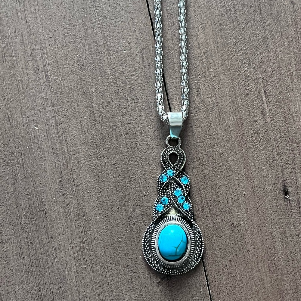 Turquoise Stone Silver-Tone Pendant Necklace - Blue